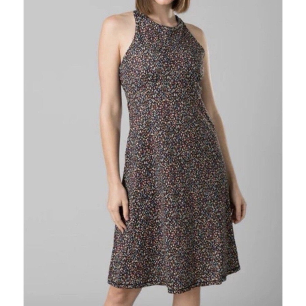 PRANA Jewel Lake Dress Women Small Dots Criss Cross Open Back Athleisure Sporty